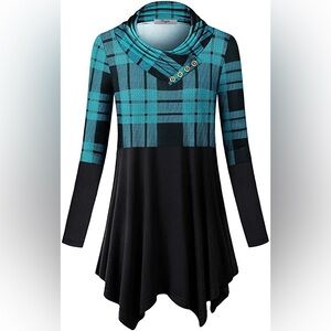 NEW Medium Cestyle Women's Long Sleeve Cowl Neck Asymmetrical Tunic Top Black Bl